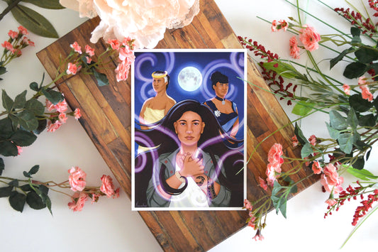 Hawaiian art print with illustration of historical figures Queen Ka'ahumanu and Queen Lili'uokalani, and an unnamed modern Native Hawaiian female character.