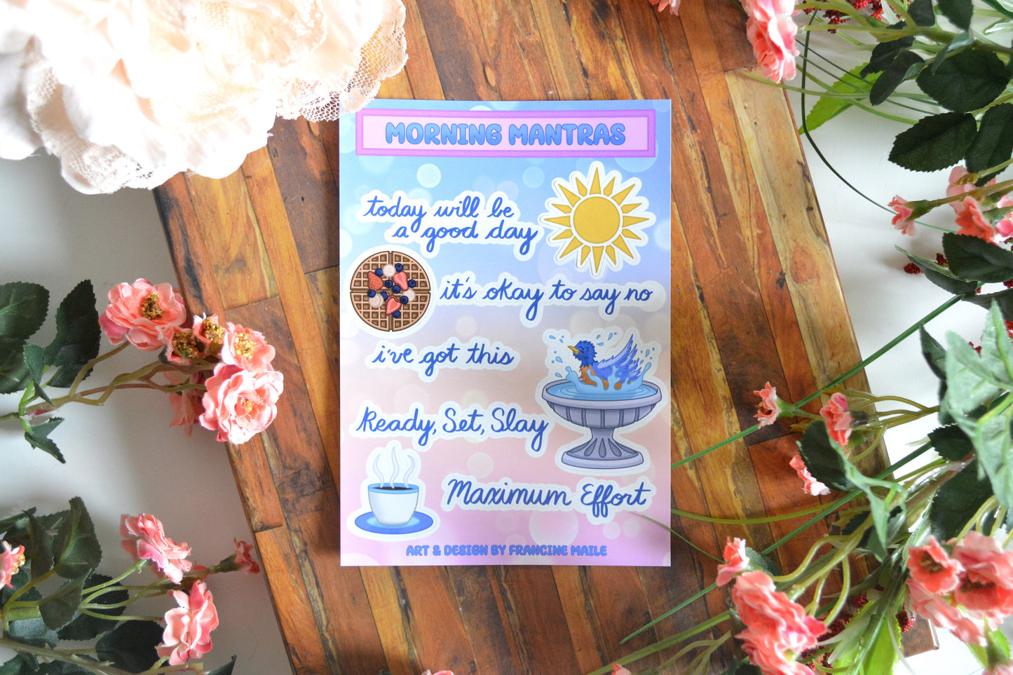 Morning Mantras sticker sheet with image stickers and text stickers for morning journal sessions.