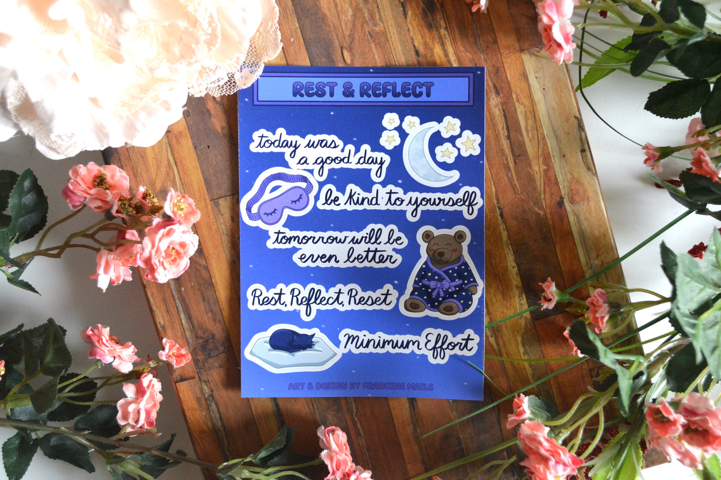 Rest and Reflect sticker sheet with nighttime and bedtime sticker images and sticker text for journals.