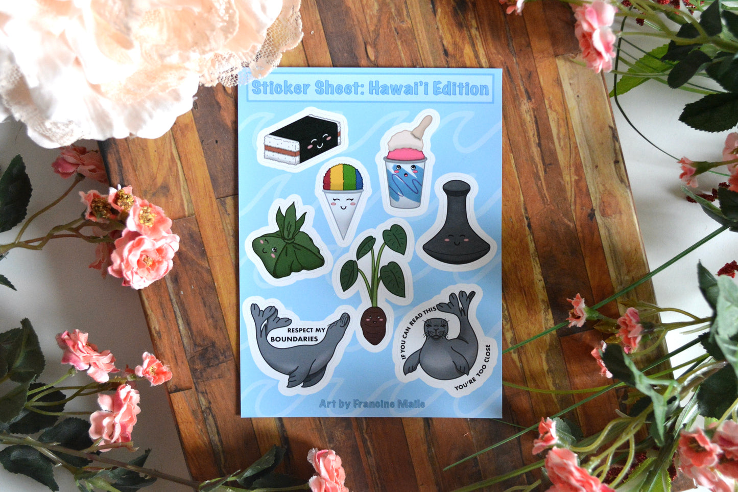 Sticker sheet with image stickers inspired by the Hawaiian islands and Hawaiian culture.