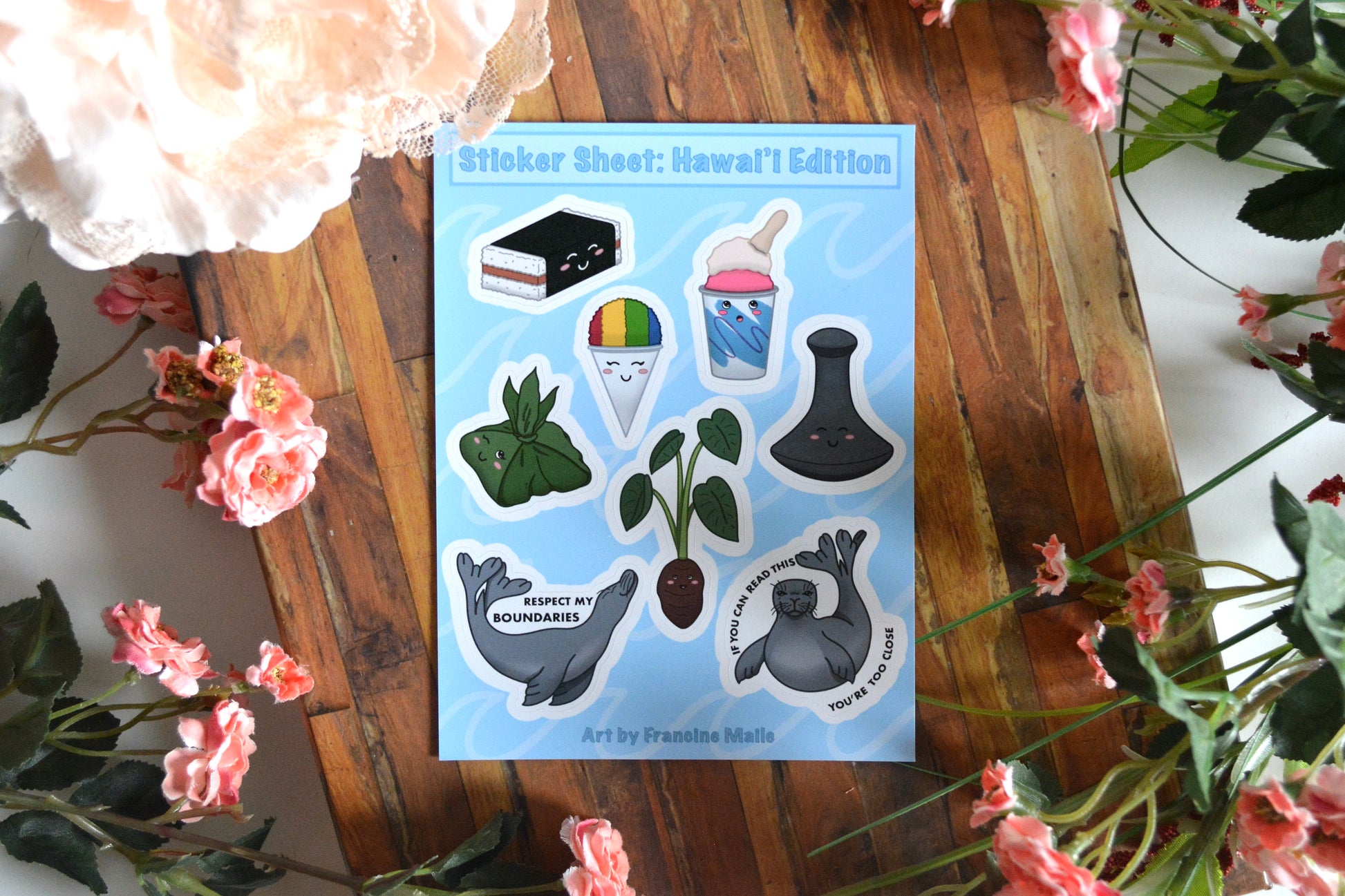 Sticker sheet with image stickers inspired by the Hawaiian islands and Hawaiian culture.