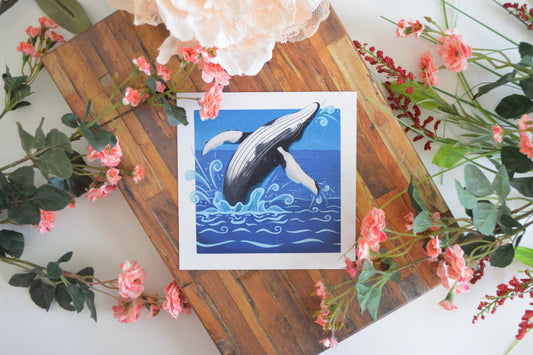 Art print illustration of a humpback whale breaching the surface of the ocean.