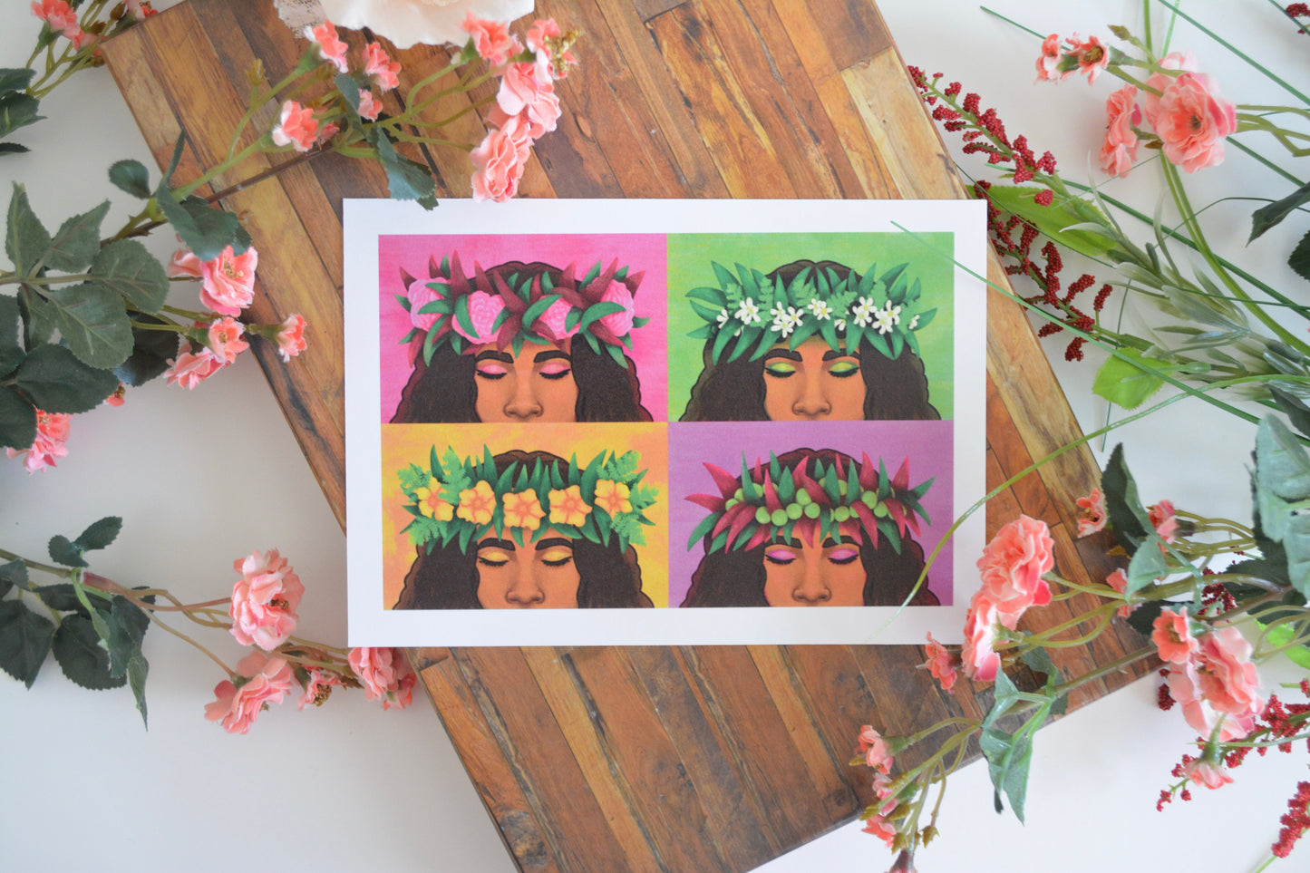 Hawaiian art print with illustrations of four lei po'o (haku lei, flower crown) representing the Hawaiian islands of Maui, Moloka'i, O'ahu, and Kaua'i.