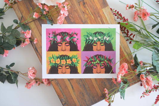 Hawaiian art print with illustrations of four lei po'o (haku lei, flower crown) representing the Hawaiian islands of Maui, Moloka'i, O'ahu, and Kaua'i.