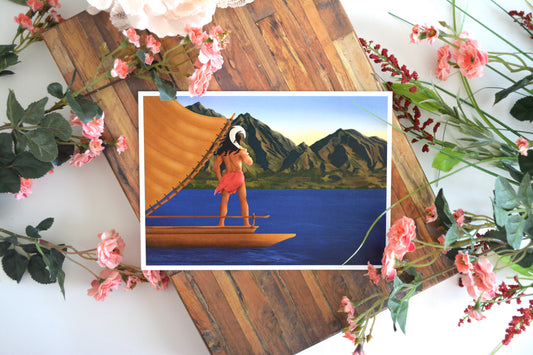 Hawaiian art print with illustration of Hawaiian demigod Maui and his magical hook on a canoe at sea, staring off towards the island of Maui.
