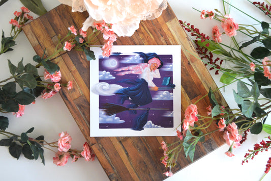Halloween art print with illustration of a modern witch flying on her broomstick during her evening commute.
