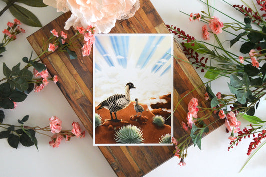 Hawaiian art print with an illustration of Hawaiian nene geese among silversword plants atop Haleakala.