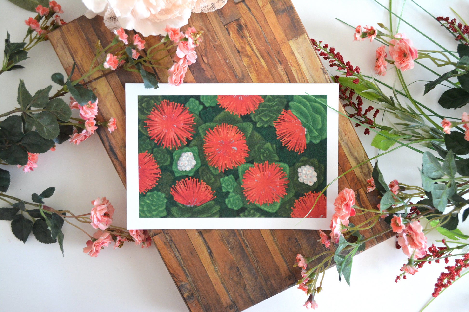 Floral art print with illustration of blossoming batch of Hawaiian 'ohi'a lehua.