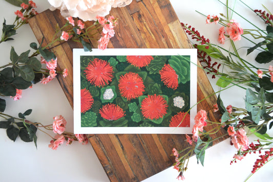 Floral art print with illustration of blossoming batch of Hawaiian 'ohi'a lehua.
