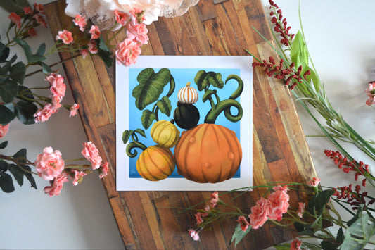 Art print illustration of an assortment of pumpkins