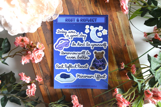 Rest and Reflect sticker sheet with nighttime and bedtime sticker images and sticker text for journals.