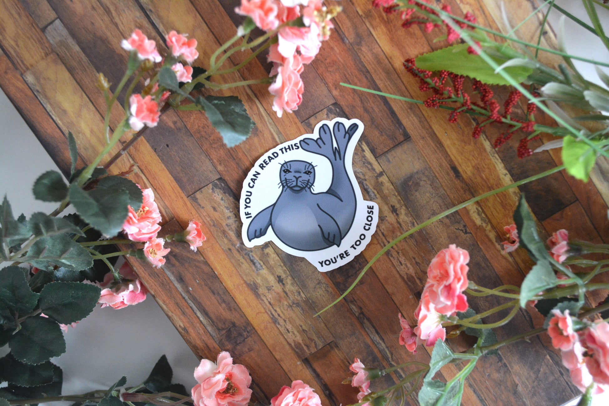 Individual sticker of a Hawaiian monk seal illustration with text reading "If you can read this you're too close" surrounding it.